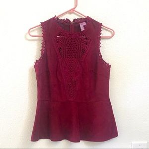 Burgundy suede lace peplum top
